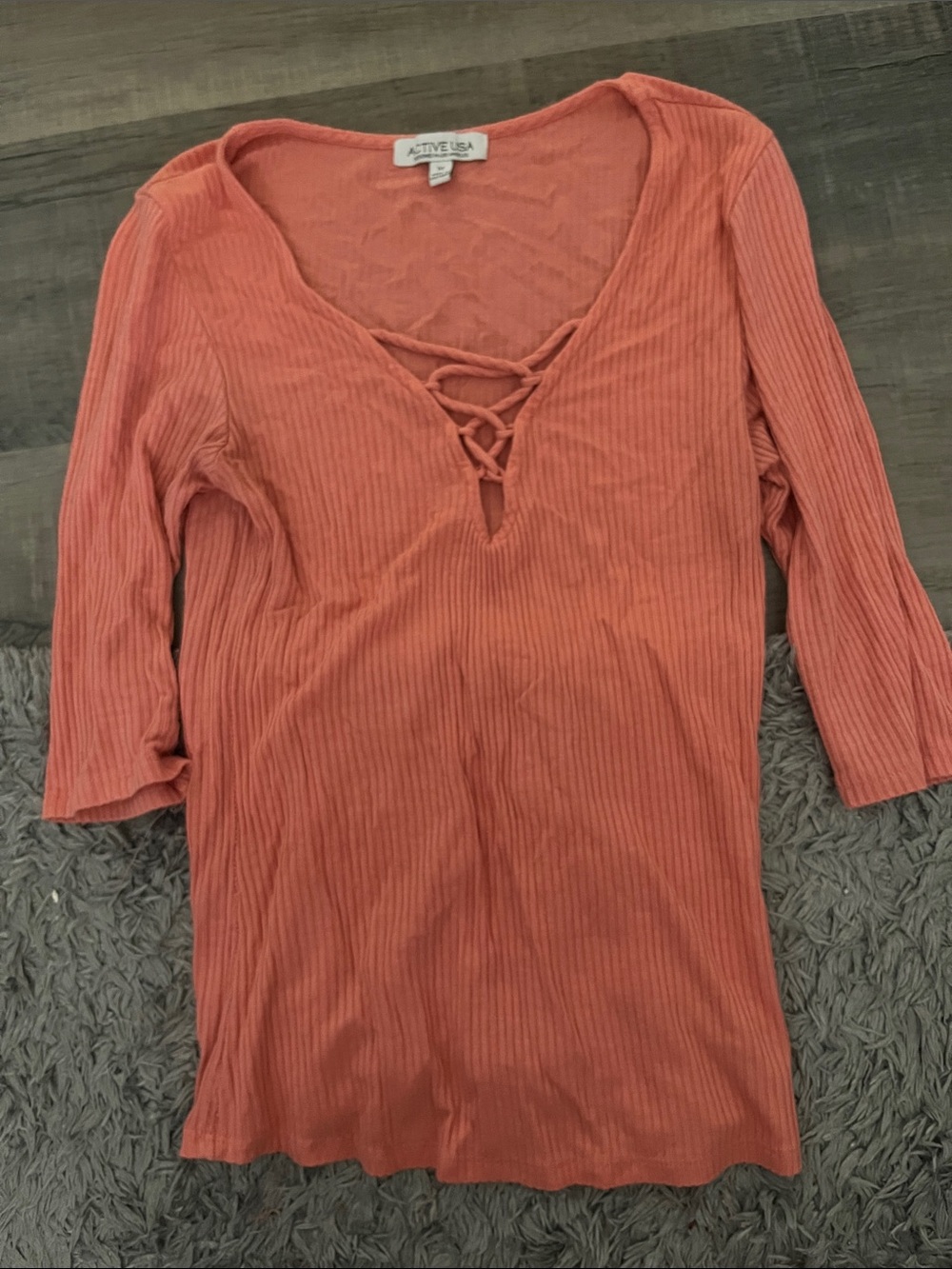 Active USA Women's Rust-Orange Ribbed Lace-Up V-Neck Long Sleeve Top